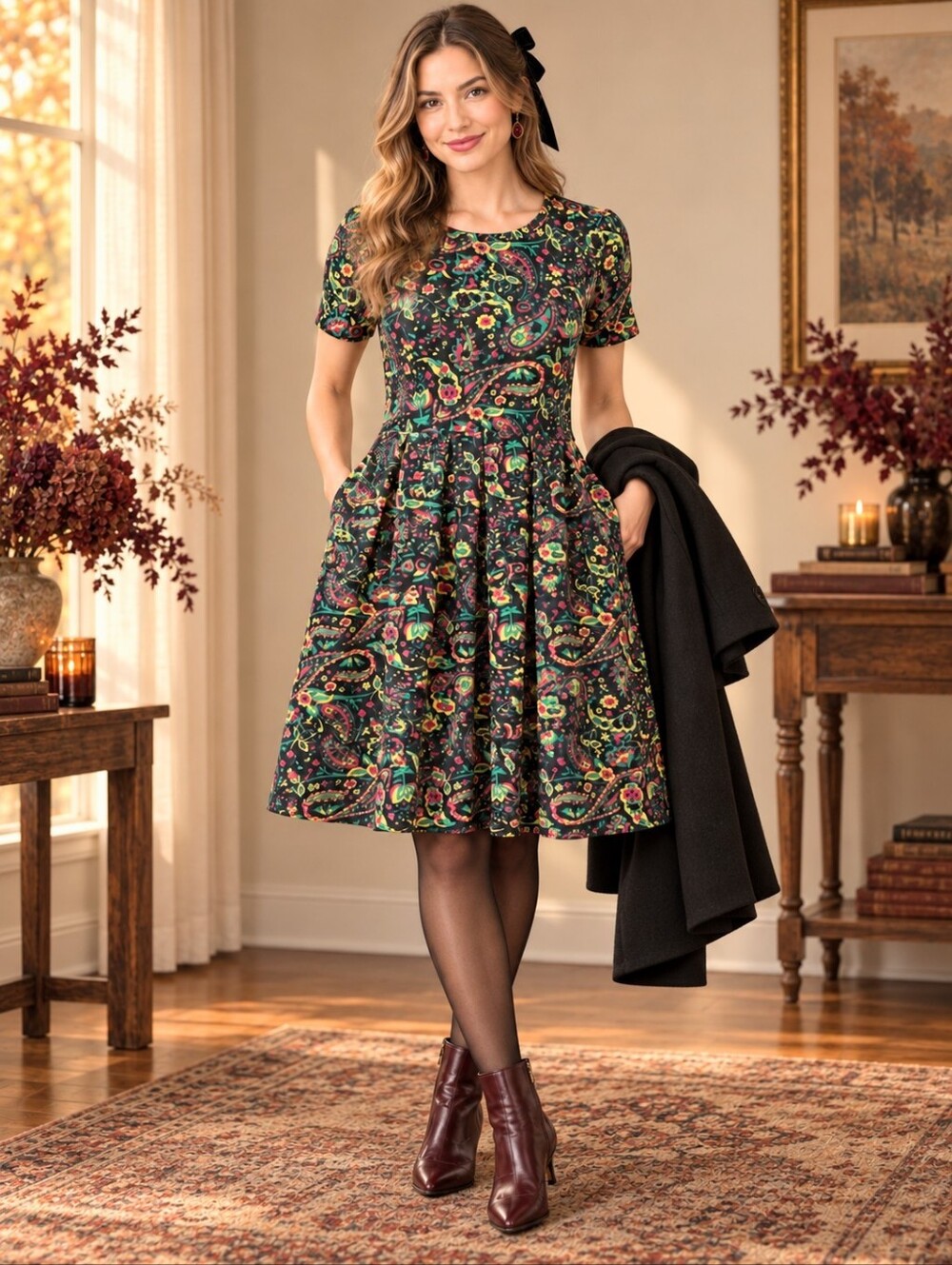 LuLaRoe Amelia Floral Paisley Fit & Flare Pocket Midi Dress Black Multicolour M